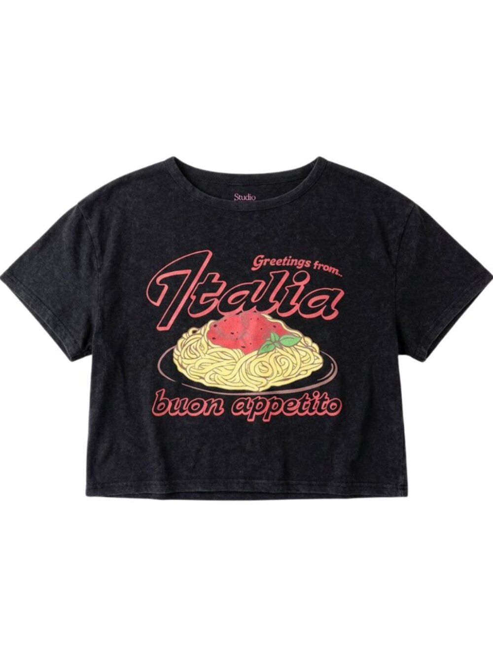 Studio 33 Women’s Italy Pasta Graphic Crop Top Tee Black Vintage Wash Shirt S-XL